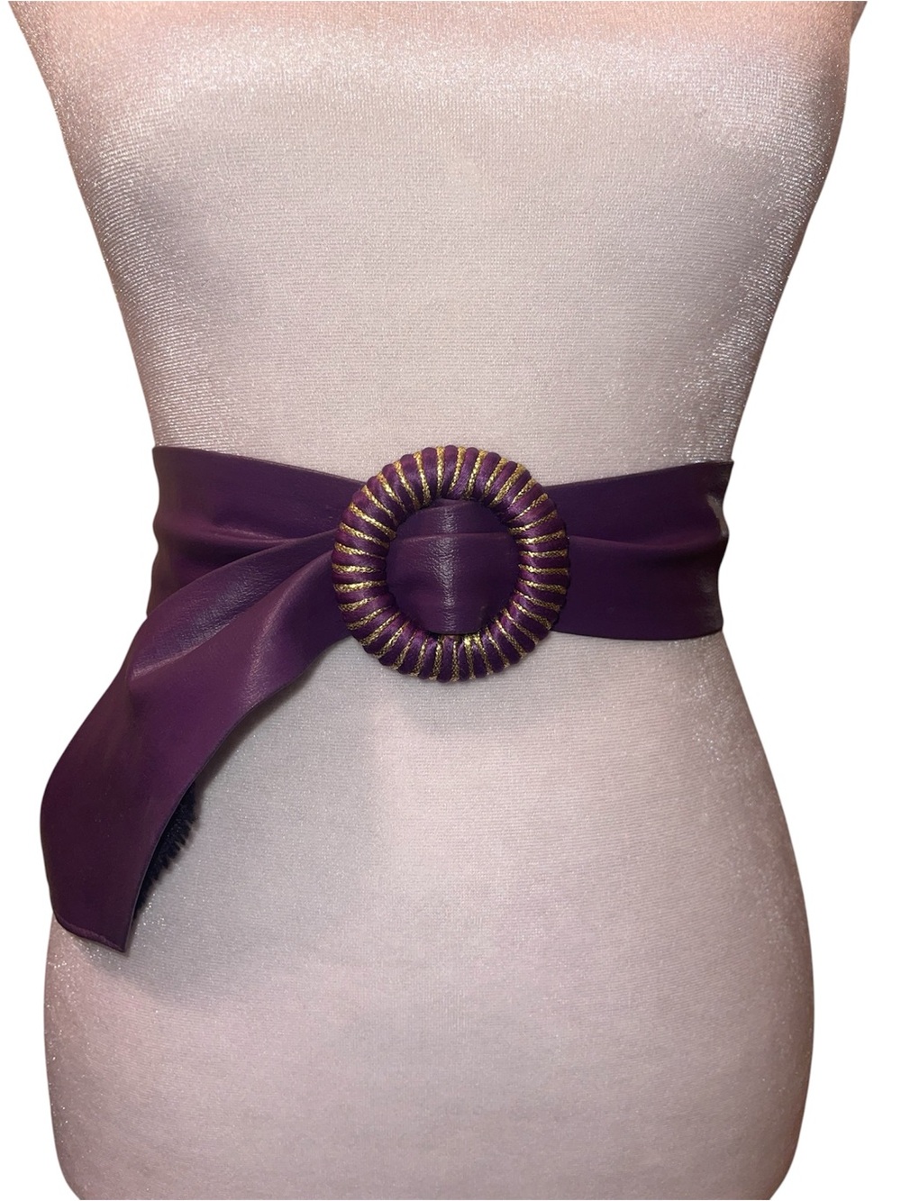 Vintage 80s Wide Purple Leather Wrap Belt with Gold-Accent Round Buckle 33”